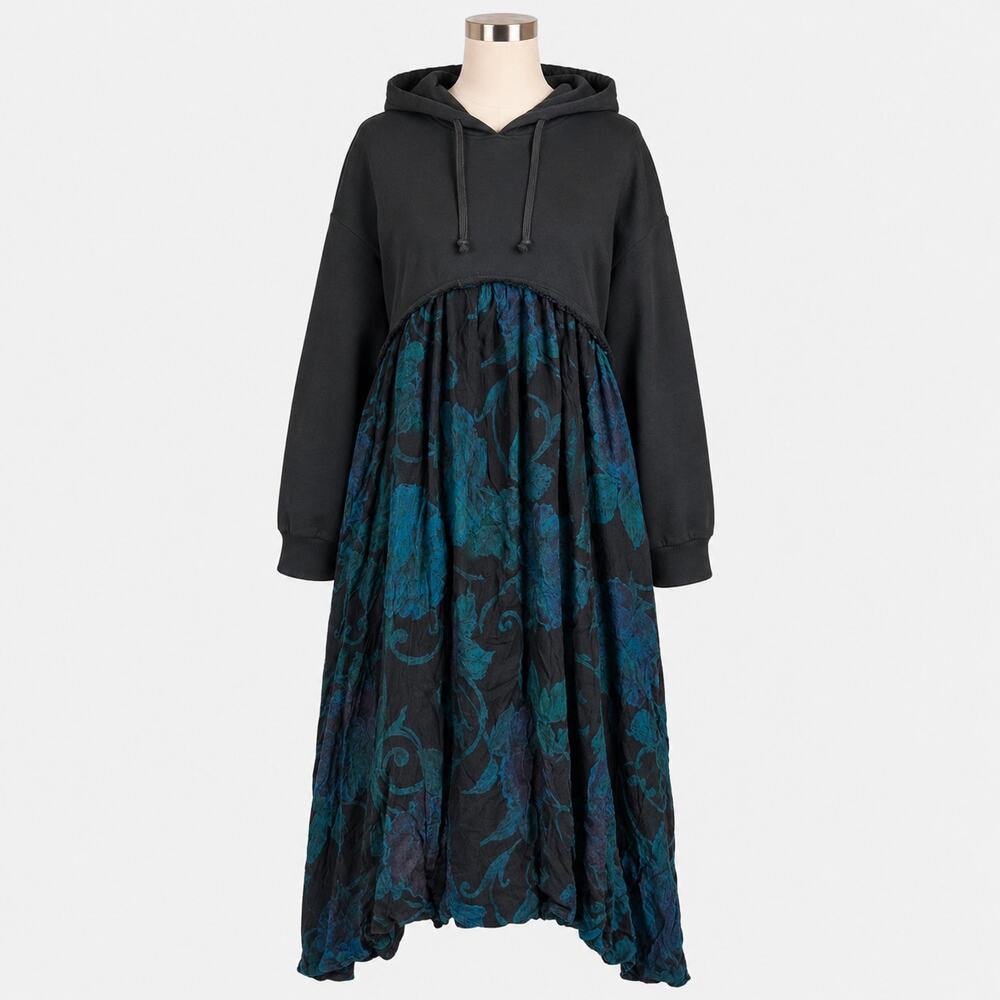 Hooded Floral Midi Dress Women's Est. Med Black Blue Hooded Boho Long Sleeve